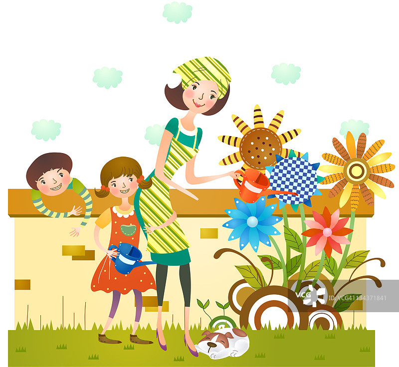 母女在花园里浇花图片素材