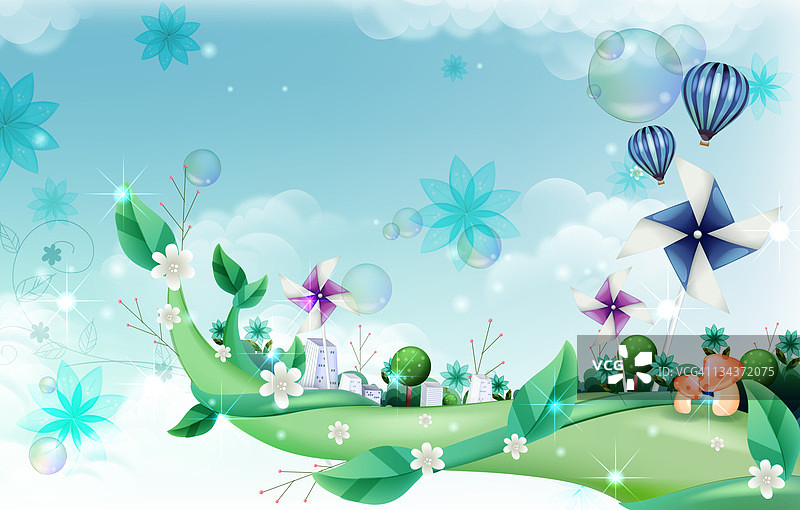 风车和建筑外观上的爬行植物图片素材