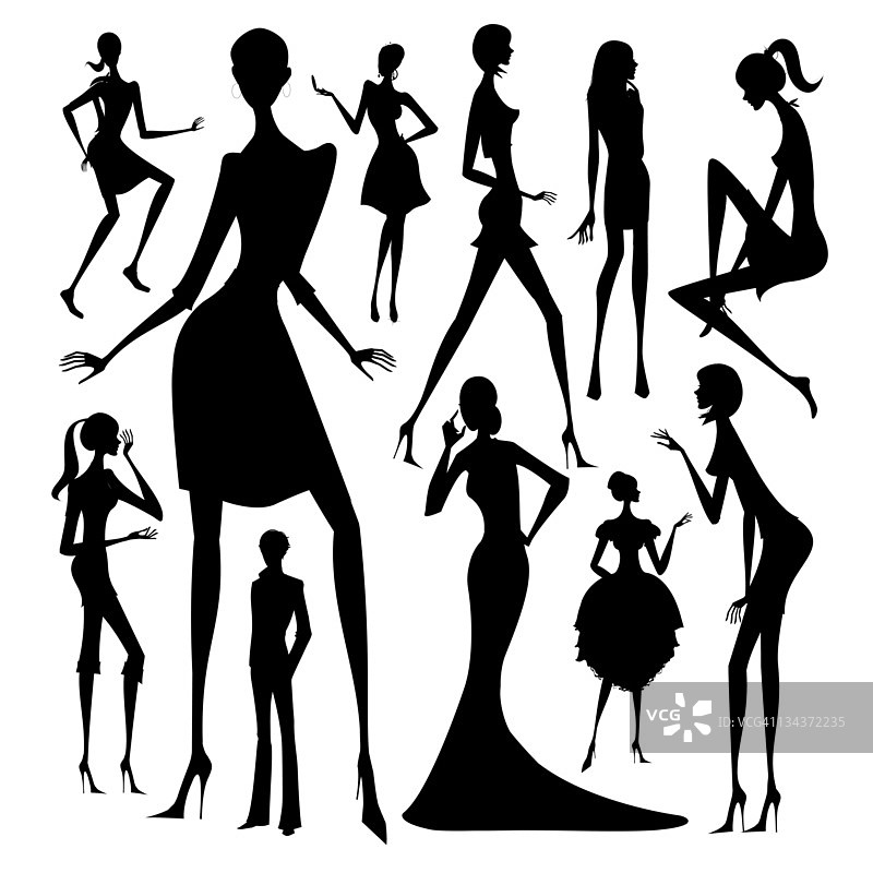 不同着装的女性剪影（白色背景）图片素材