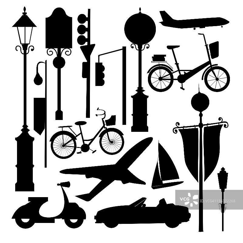 街道标志、交通运输和交通信号灯剪影套装图片素材