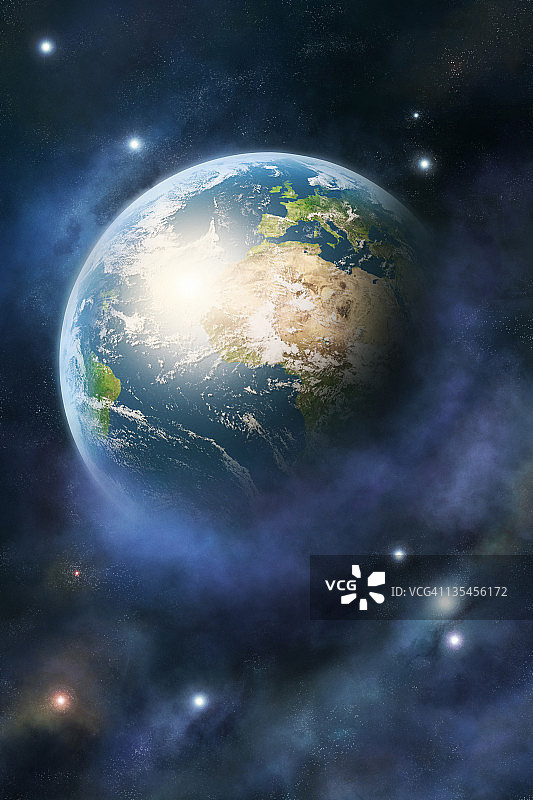 从紫色尘埃云中浮现的地球行星图片素材