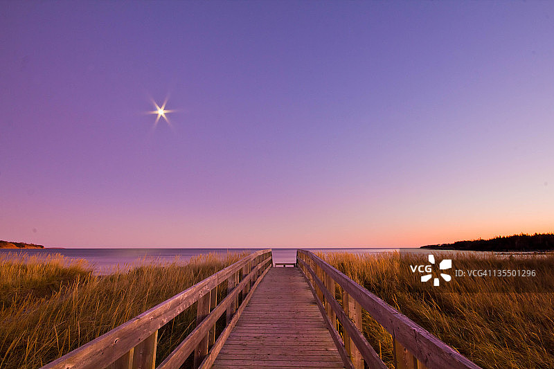 海滩上月光照亮的木板路图片素材