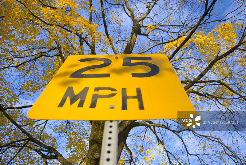 秋日清晨，格林菲尔德小街上的25英里/小时限速标志图片素材