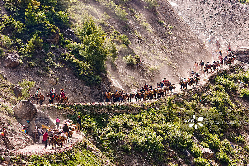 喜马拉雅山脉徒步旅行中的小马和朝圣者图片素材
