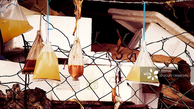挂在铁丝网上的塑料袋装饮料图片素材