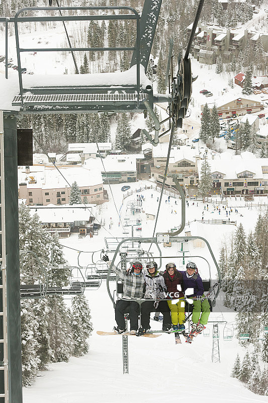 朋友们乘坐滑雪缆车图片素材