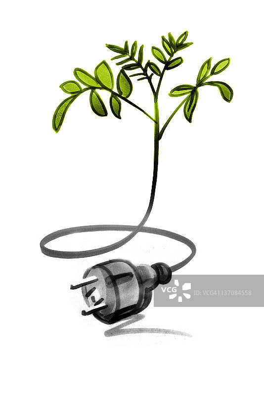与电缆和插头连接的树苗图片素材