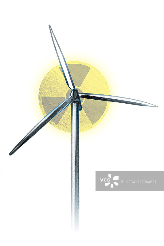 风力涡轮机，背景中逐渐消失的辐射警告标志图片素材