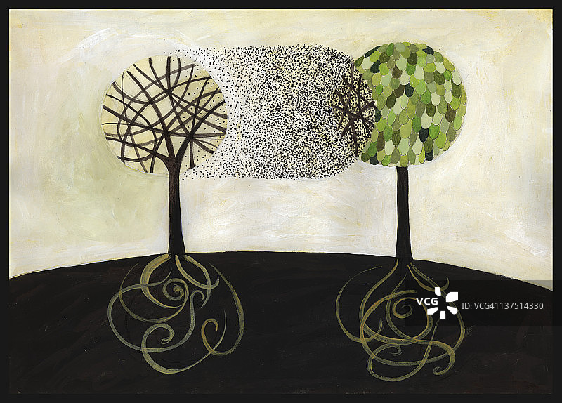 树木和蜂群插画图片素材