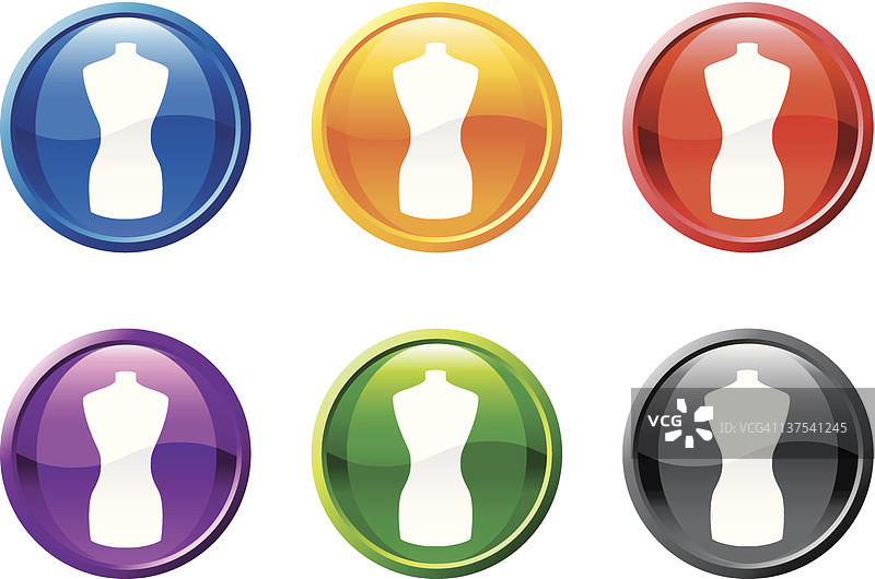圆形光亮按钮上的模特人体模型免版税矢量图标集图片素材
