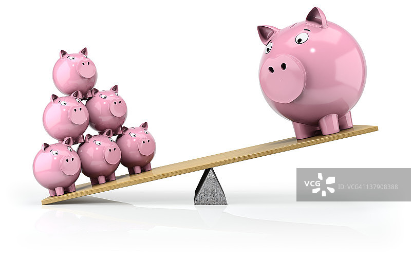 跷跷板上的大小储蓄罐图片素材