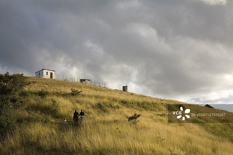 南非东开普省咖啡湾：金色波浪草山顶小屋远景图片素材