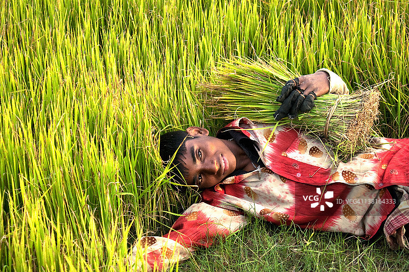 拿稻苗的男孩图片素材