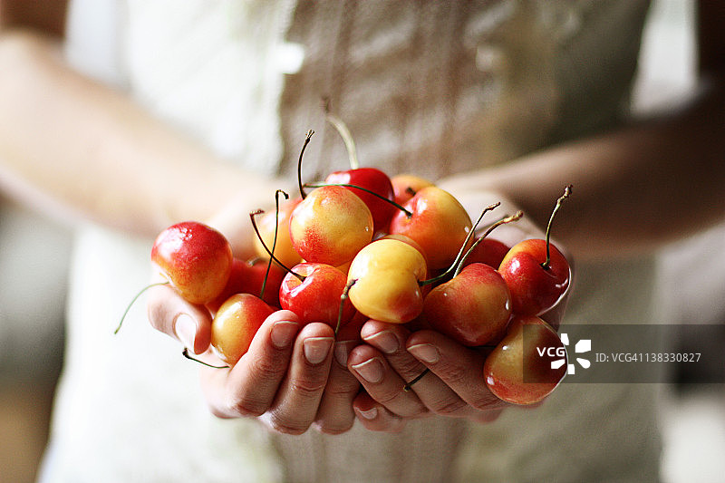 女人手持樱桃图片素材