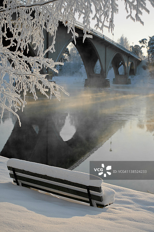 冰河和桥边的长椅图片素材