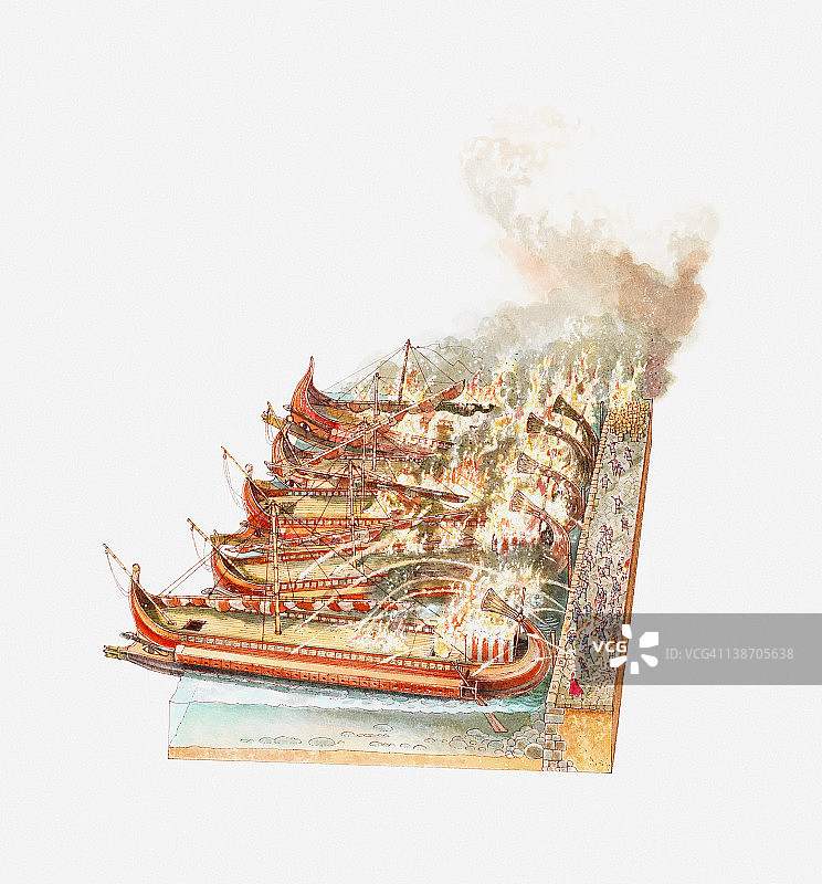 尤利乌斯·凯撒焚烧停泊在亚历山大港的埃及船只插图图片素材
