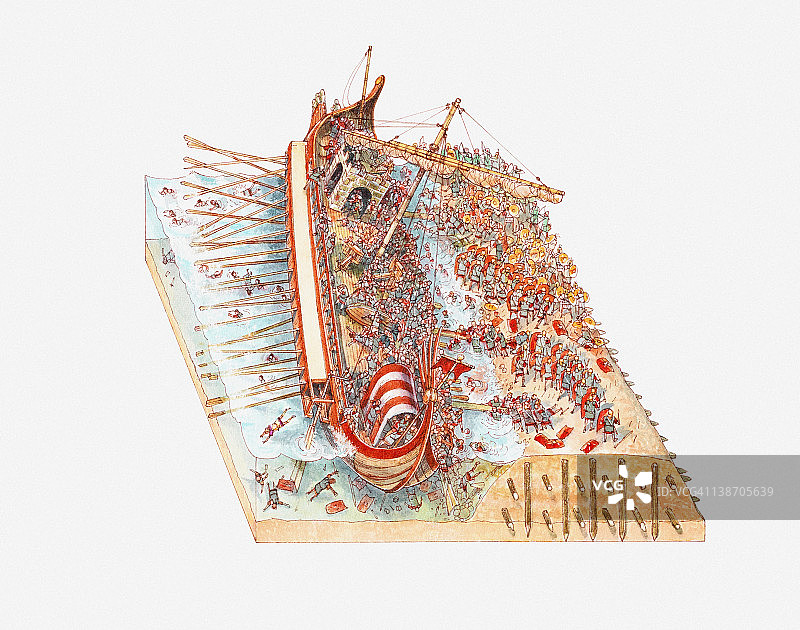 埃及军队与尤利乌斯·凯撒军队在亚历山大大港激战导致战船沉没的插画图片素材