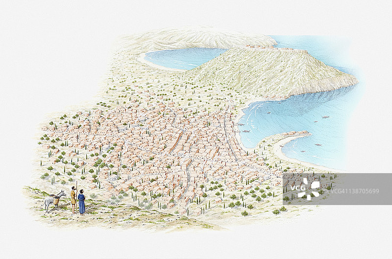 青铜时代城镇复原图：公元前1500年佩特索法山丘上的旅行者俯瞰帕莱奥卡斯特罗海湾图片素材