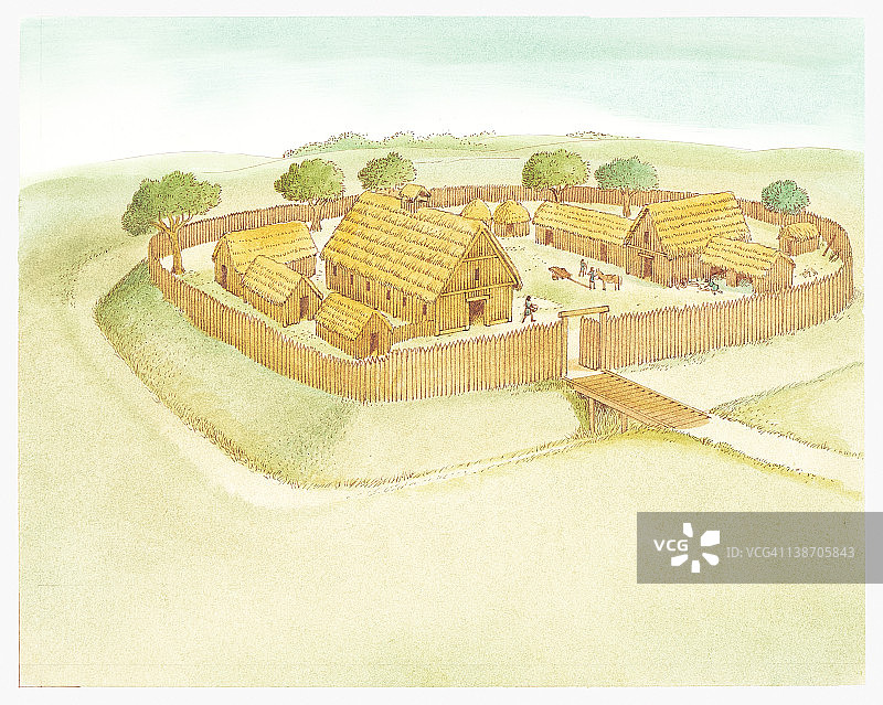 被高木栅栏和护城河环绕的盎格鲁-撒克逊村庄插画图片素材