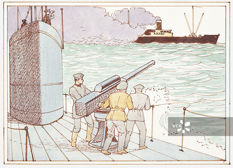 二战期间德国水手在潜艇上向大西洋战役中美国军舰发射武器图片素材