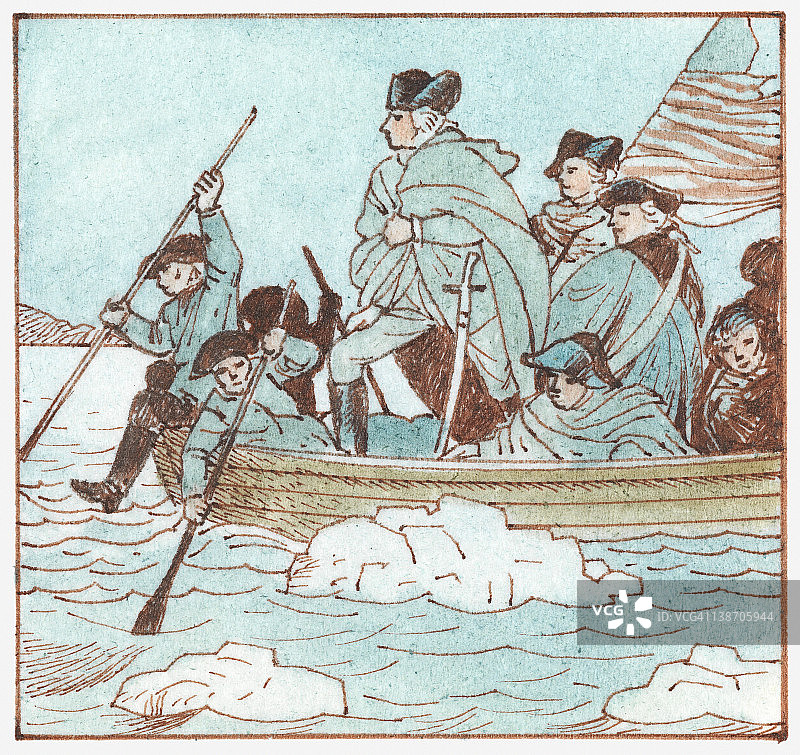 乔治·华盛顿率军横渡特拉华河击败英国军队插画图片素材