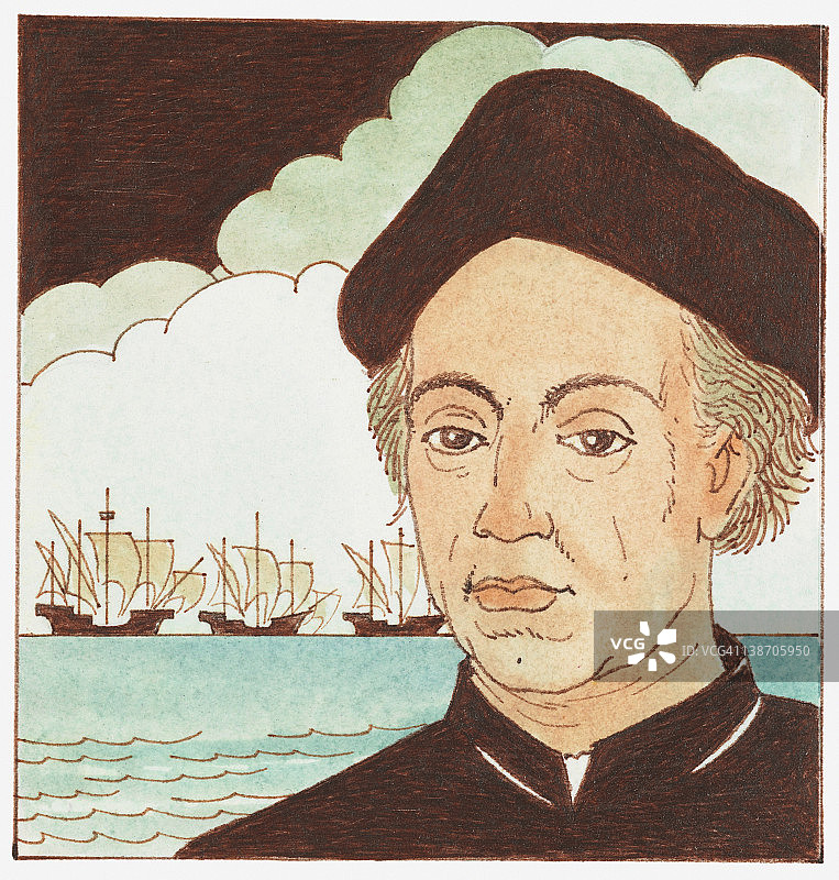 克里斯托弗·哥伦布肖像与背景中的船只插画图片素材