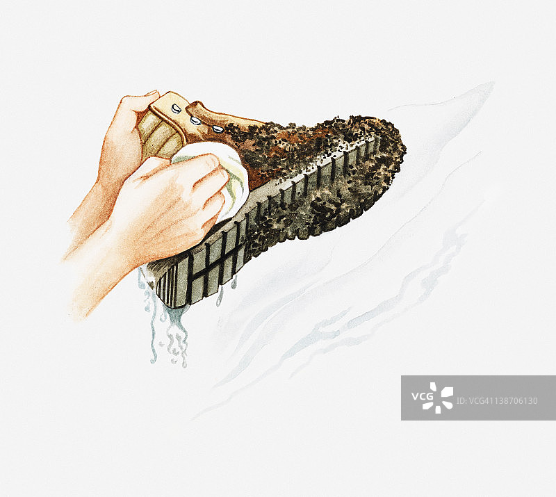 男人用湿抹布清洁泥土插画图片素材