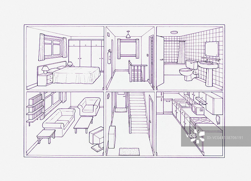 显示内部房间的房屋横截面蓝图插图图片素材