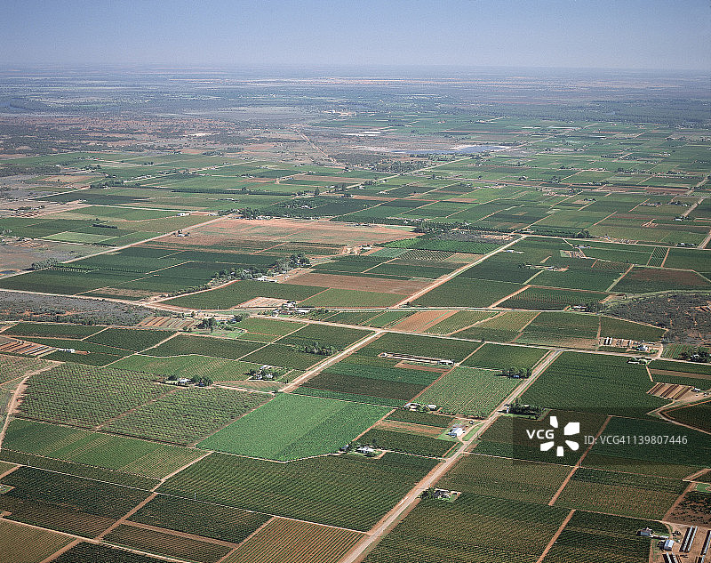 维多利亚州米尔杜拉附近的灌溉葡萄园和果园鸟瞰图片素材