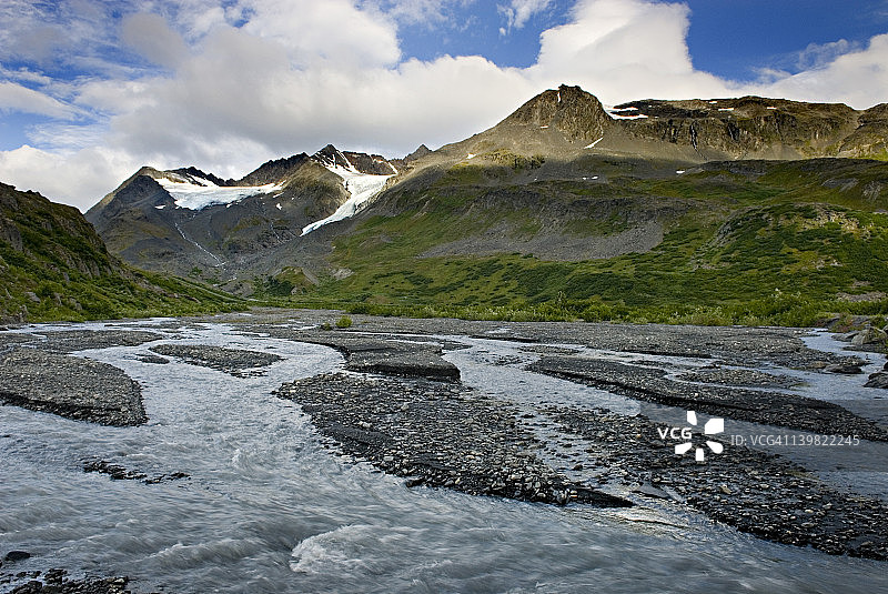 美国阿拉斯加州楚加奇山脉汤普森山口的冰川溪流图片素材