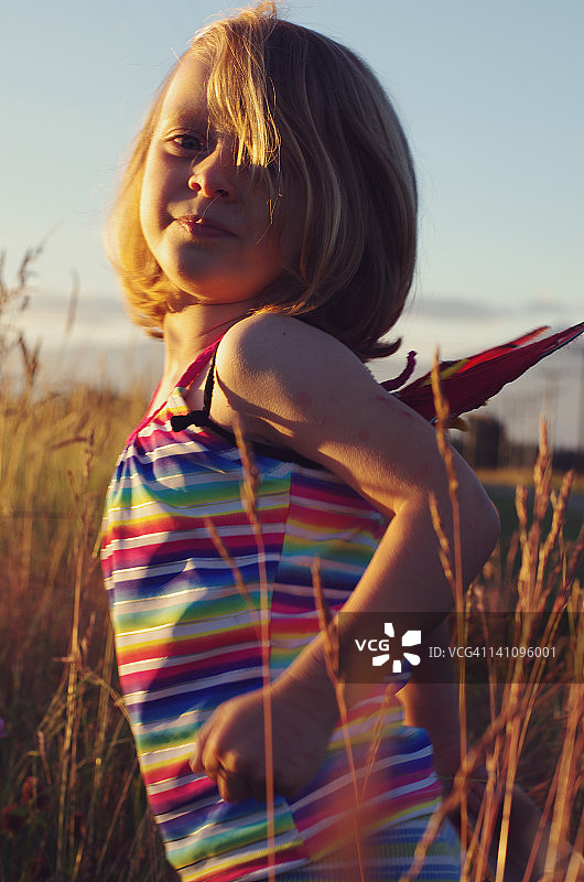 女孩在夏日傍晚的长草地上玩耍图片素材