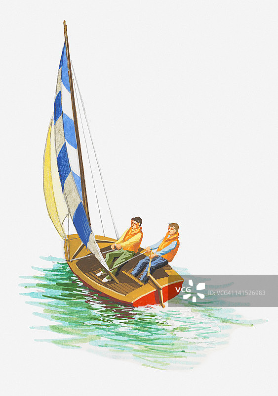 两位男人穿救生衣海上帆船插画图片素材