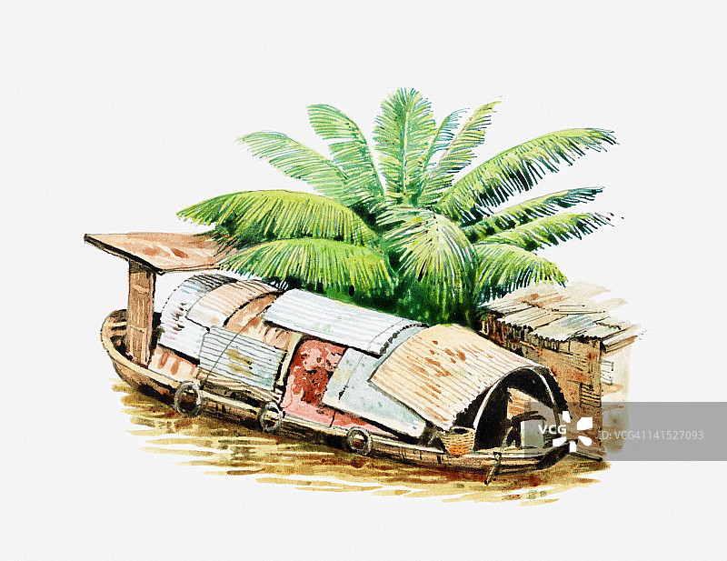 带有波纹铁屋顶的曼谷船屋插图图片素材