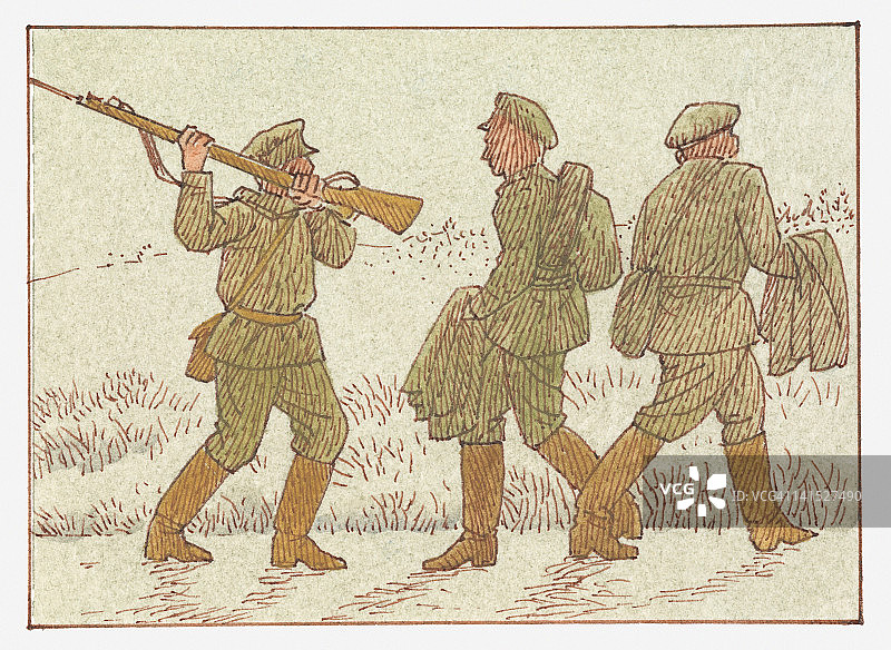 第一次世界大战期间士兵在前线开小差插画图片素材