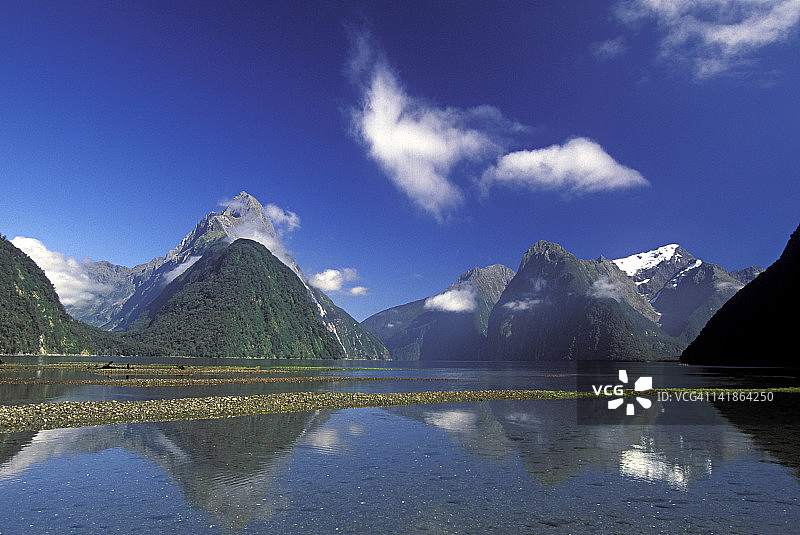 清晨的米尔福德峡湾：新西兰南岛峡湾国家公园图片素材