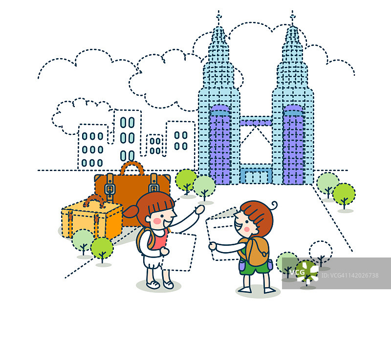 站在吉隆坡石油双塔前的女孩插画图片素材