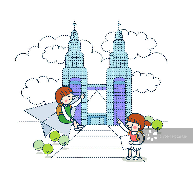 女孩坐在纸飞机上，朋友指向双子塔的插图图片素材