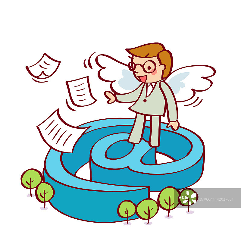 站在带翅膀的@符号顶端的商人图片素材