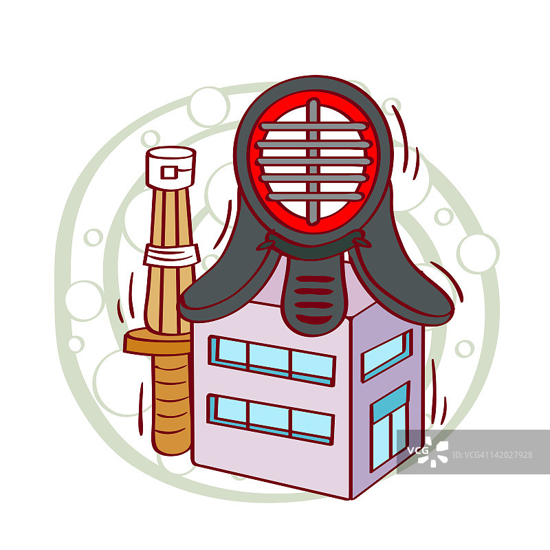 建筑物上带木剑的击剑面罩插画图片素材