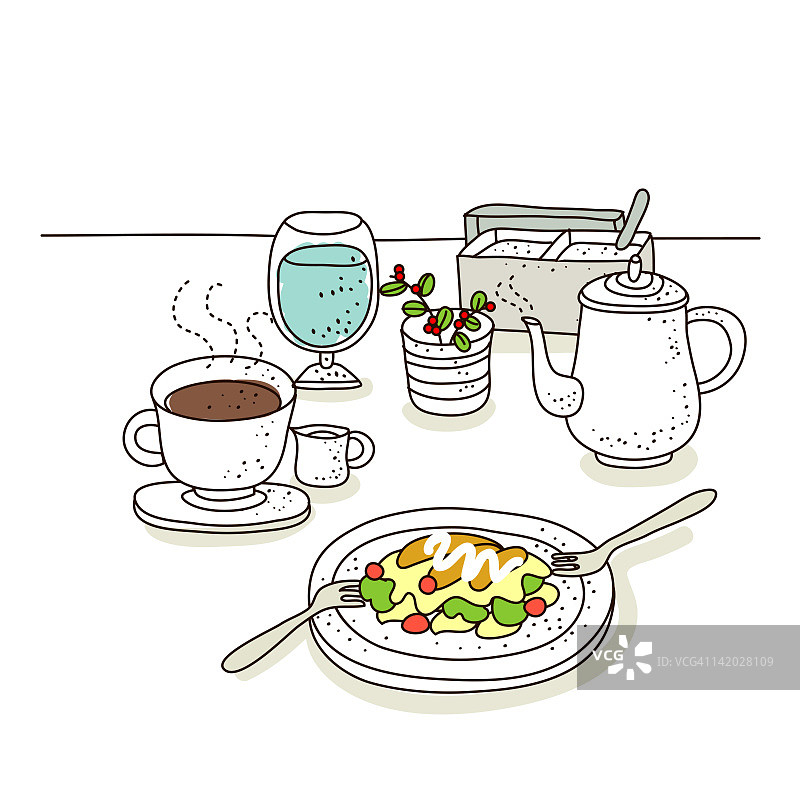 含咖啡杯的餐食插画图片素材