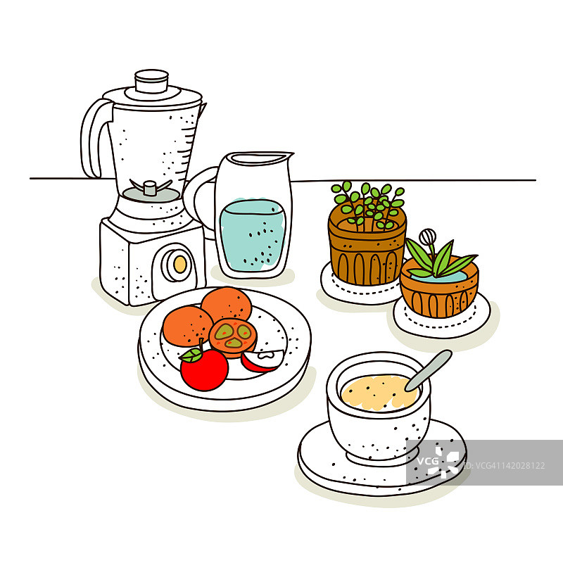 搅拌机与盆栽插画图片素材