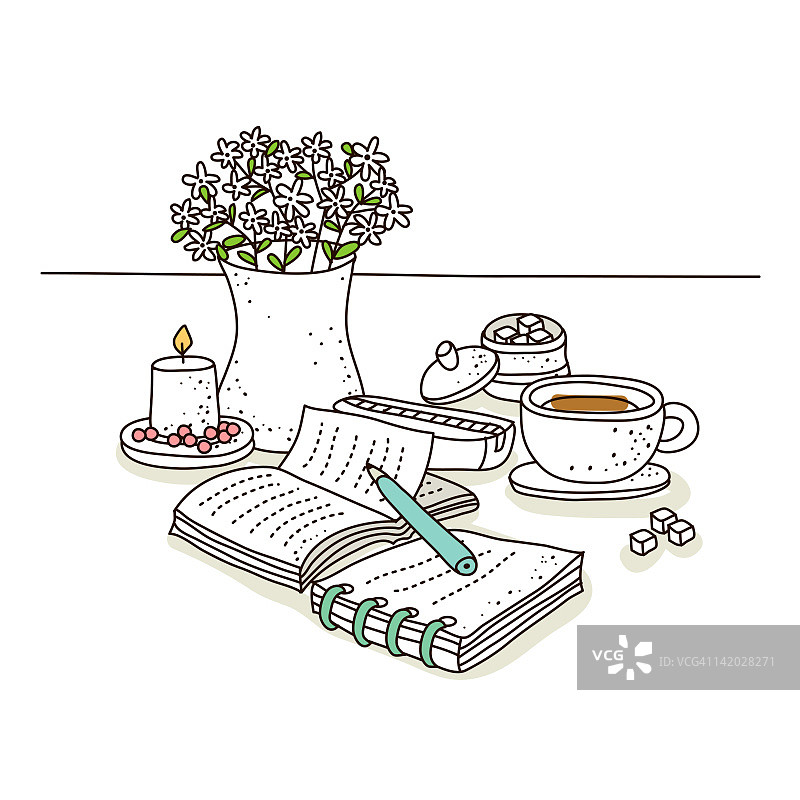 螺旋笔记本、茶和盆栽图片素材