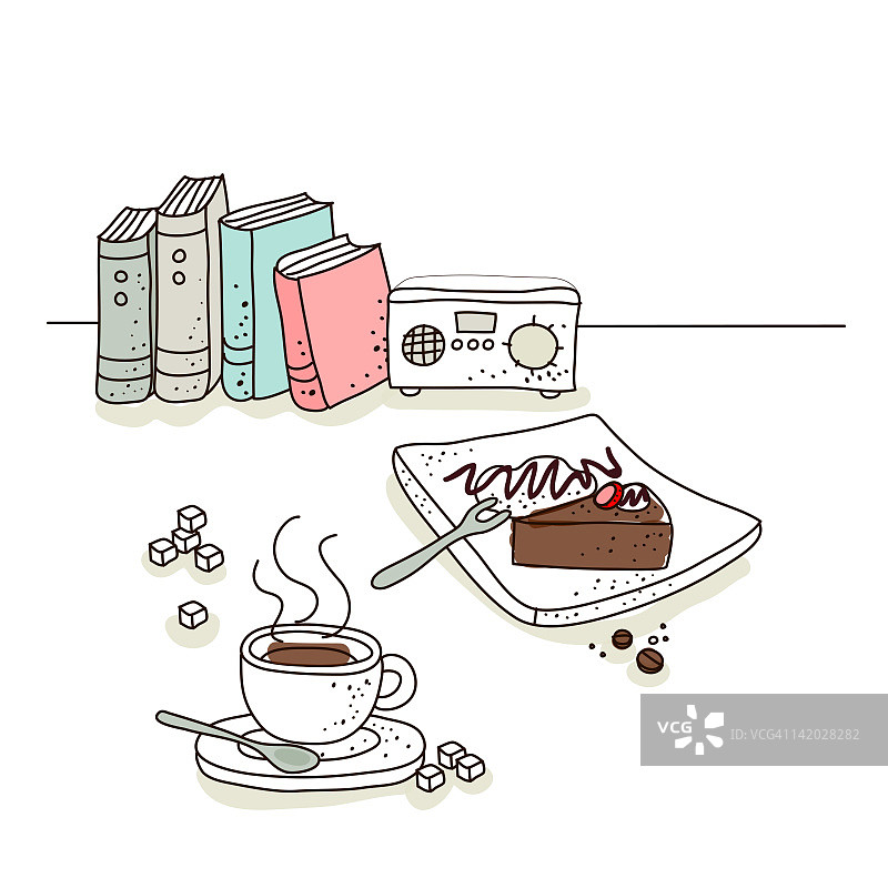 咖啡杯、蛋糕与收音机背景图片素材