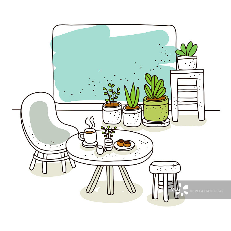 房子里有椅子的餐桌上的食物图片素材