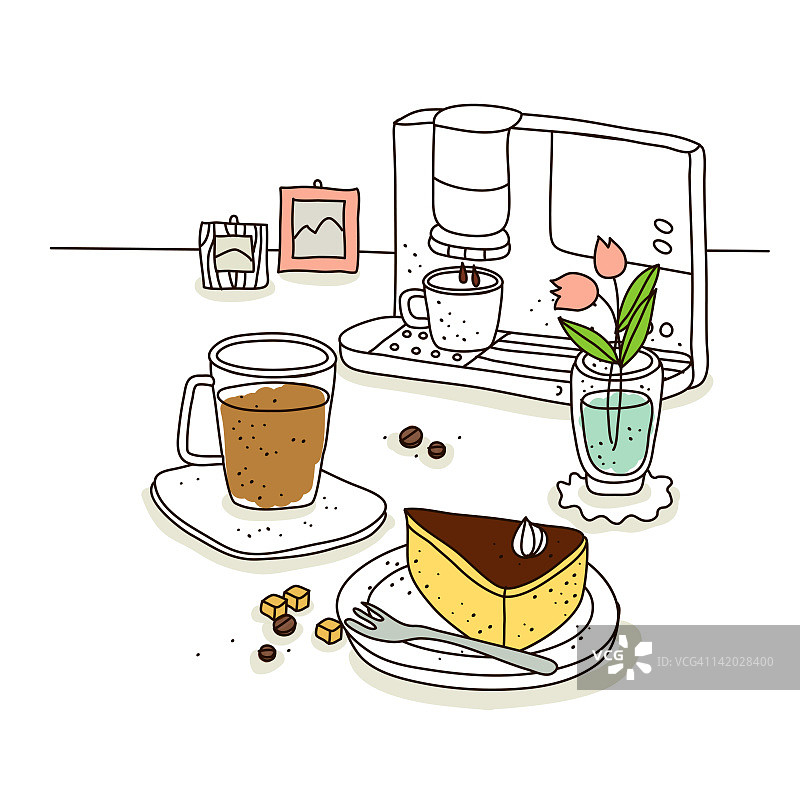 咖啡机背景下的糕点插画图片素材