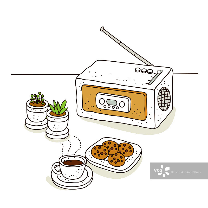 收音机和茶插画图片素材