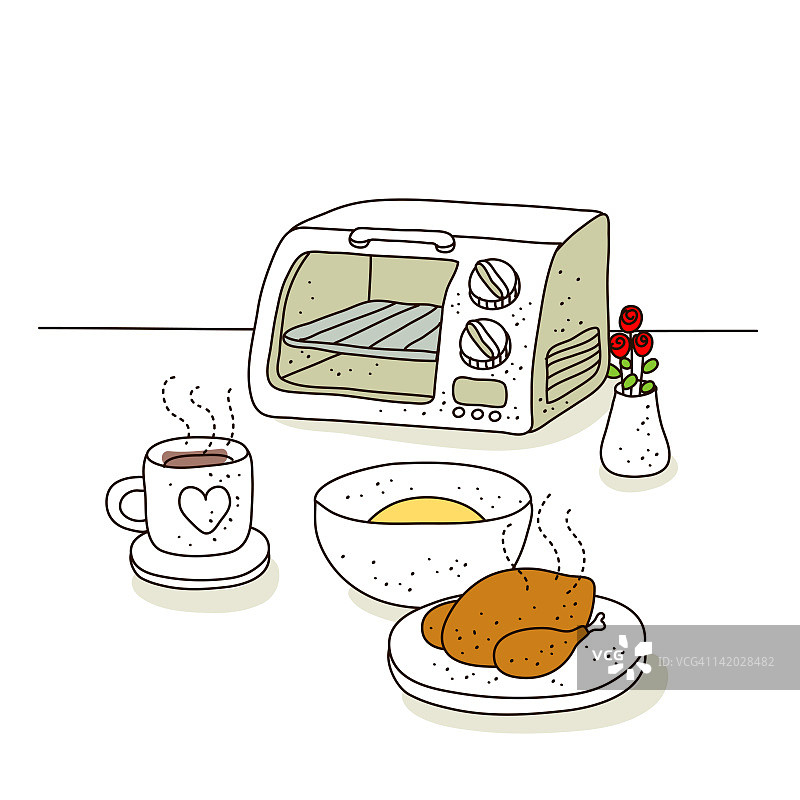 微波炉前的熟鸡插画图片素材