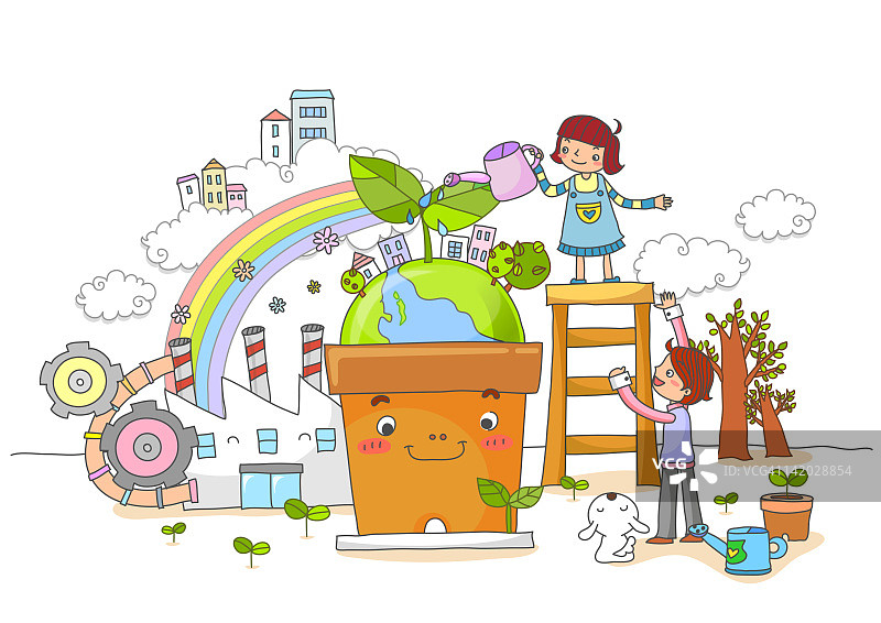 女孩给地球上的盆栽浇水图片素材