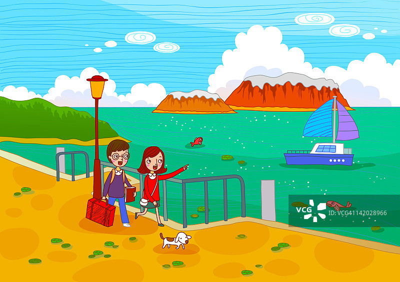 情侣在码头附近带着行李箱图片素材