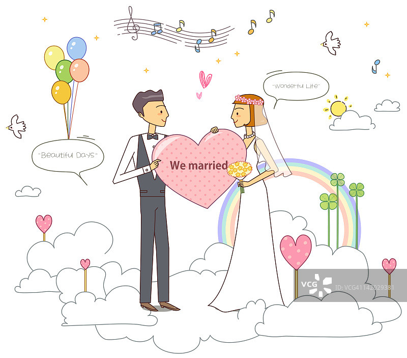 彩虹背景下的新婚夫妇插画图片素材